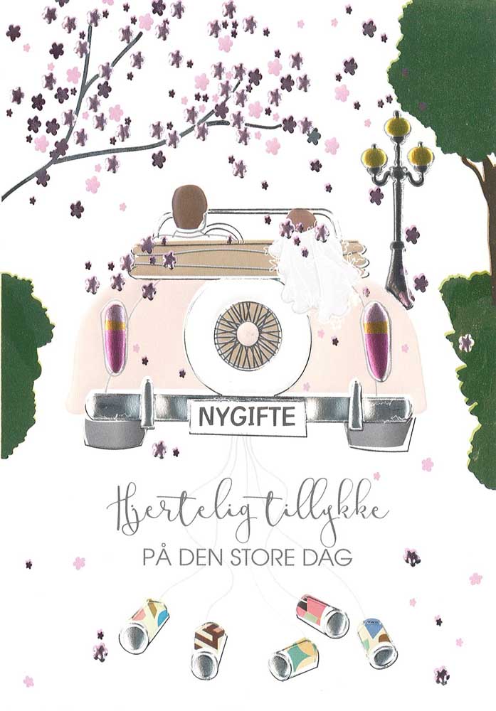 Bryllupskort med Brudepar i Bil – Fejr Kærligheden!