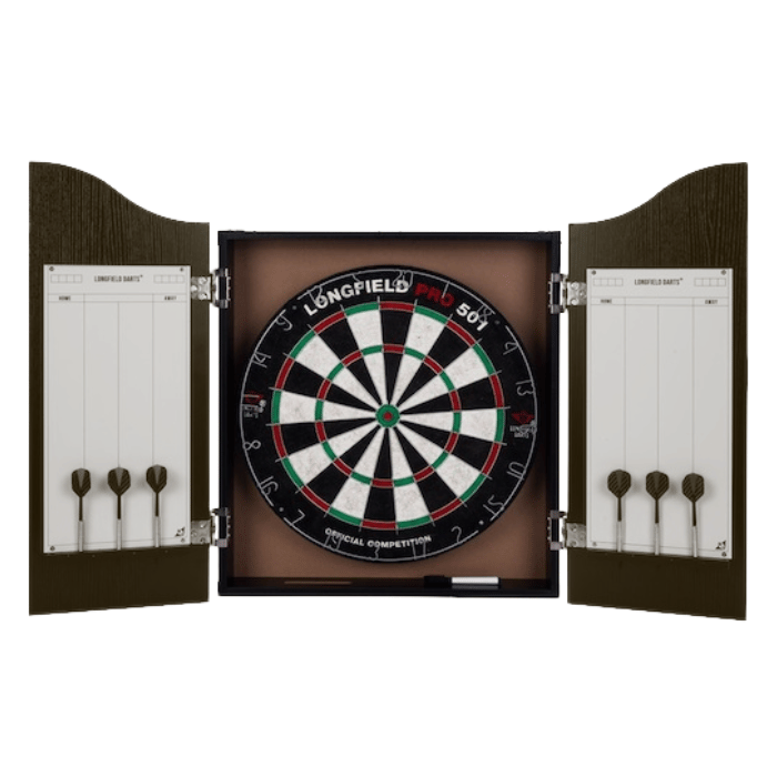 Dartskab med dartskive, pile og scoretavle