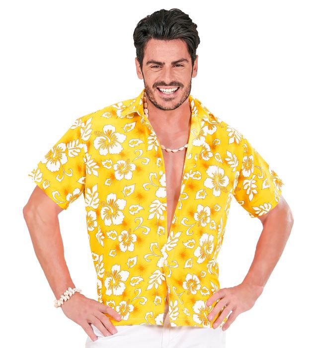 Gul Hawaii Skjorte med Hvide Blomster til Temafest