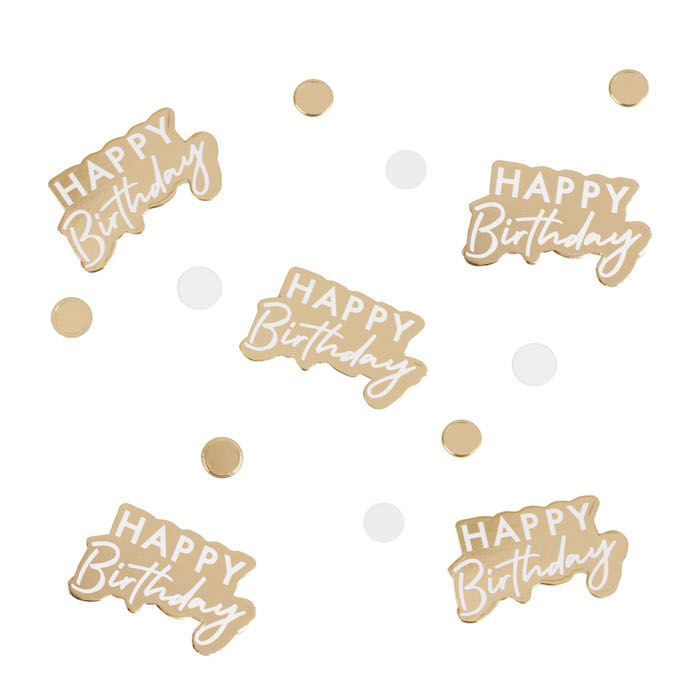 Happy Birthday Konfetti i Guld og Hvid - Perfekt Udsmykning