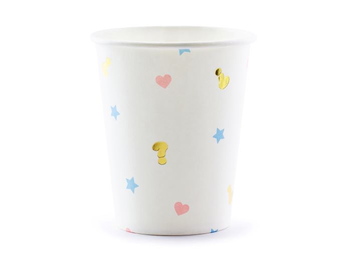 Hvide Pap Kopper til Gender Reveal – 6 stk. Festlige Motiver