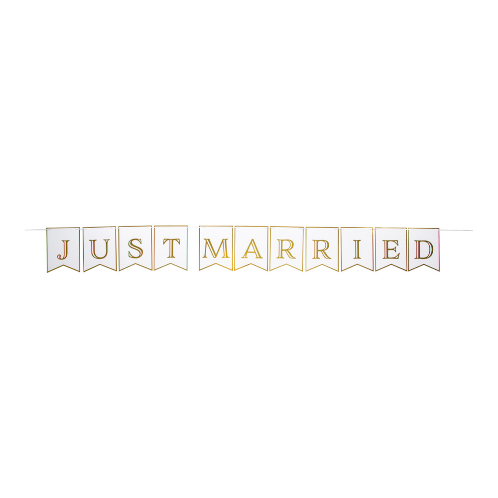 Elegant Just Married Banner i Hvid og Guld til Bryllup