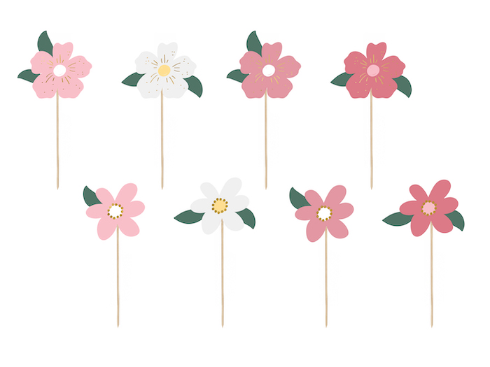 Lyserøde Blomster Træpinde til Temafest - 8 stk.