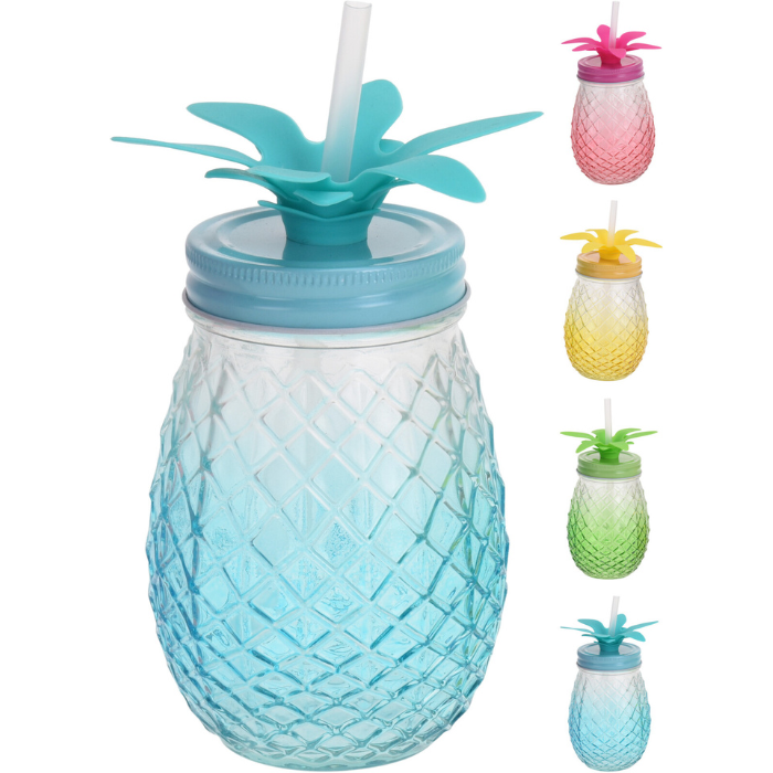 Ananasformet Glas Med Låg   Sugerør 400ml