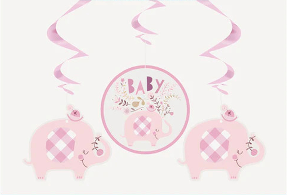 Lyserøde Elefant Hænge Dekorationer til Baby Shower - 3 stk.