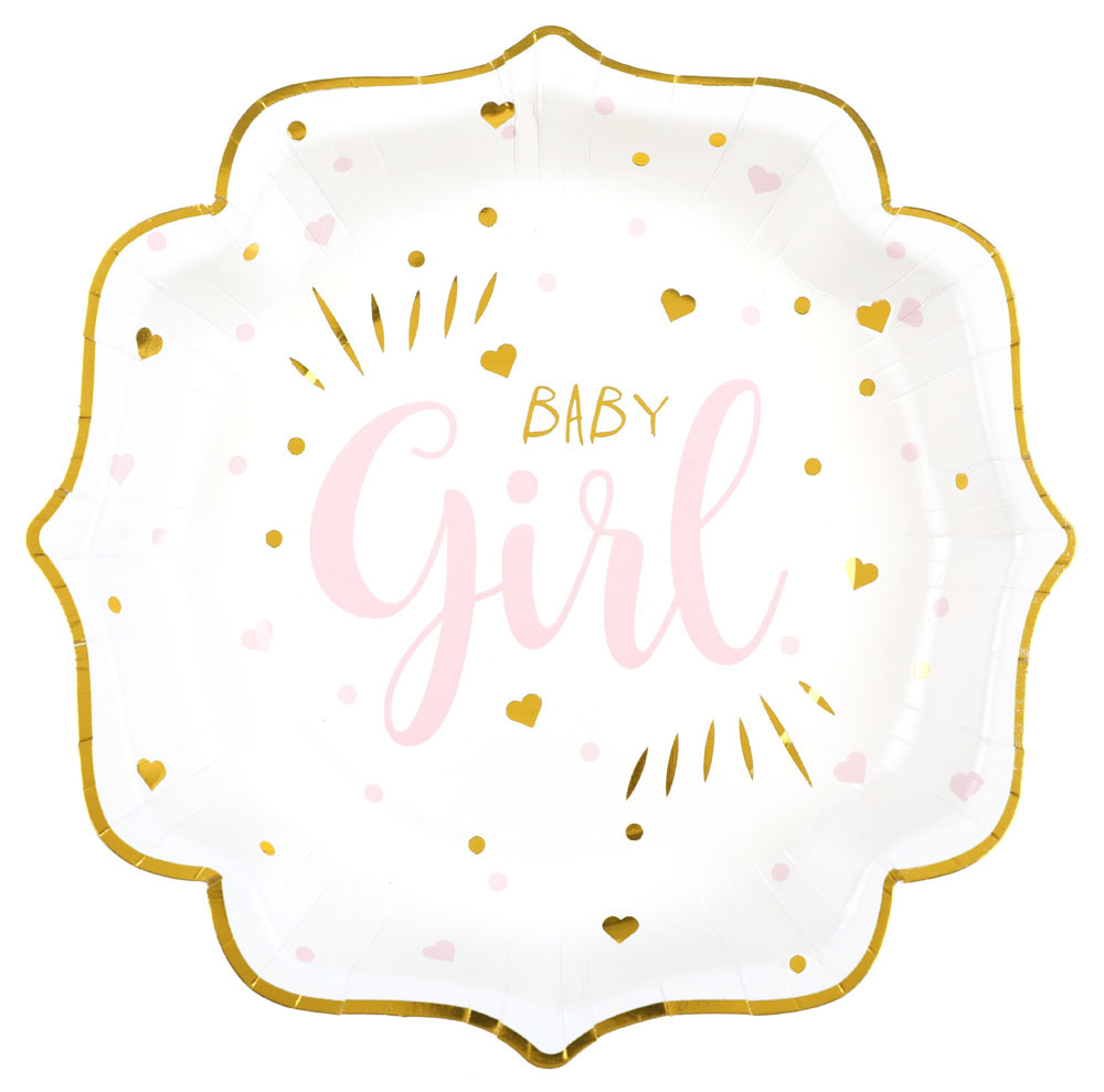 Elegante paptallerkner til baby shower – Pige, Ø23 cm