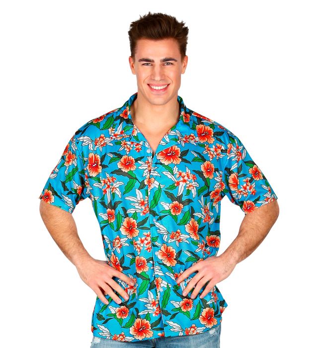 Blå Hawaii Skjorte med Røde Blomster til Festtema