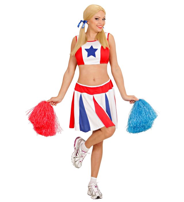 Cheerleader Kostume i Rød, Hvid og Blå - To Dele
