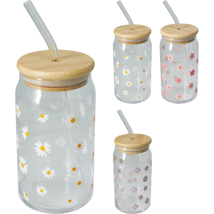 Drikkeglas Med Bambuslåg   Sugerør 500ml