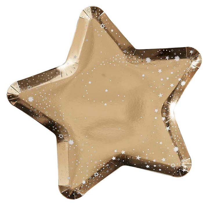 Guld Glitter Stjerne Paptallerkener til Nytår - 8 stk.