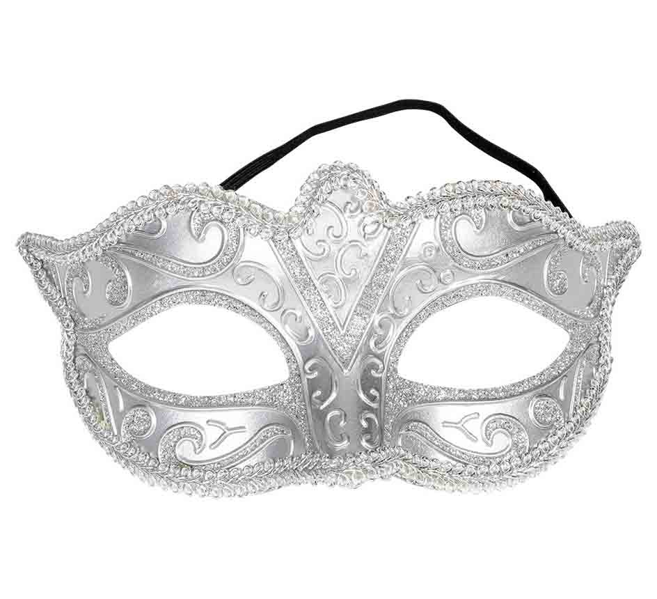 Elegant Sølv Halvmaske til Maskebal – Venetiansk Stil