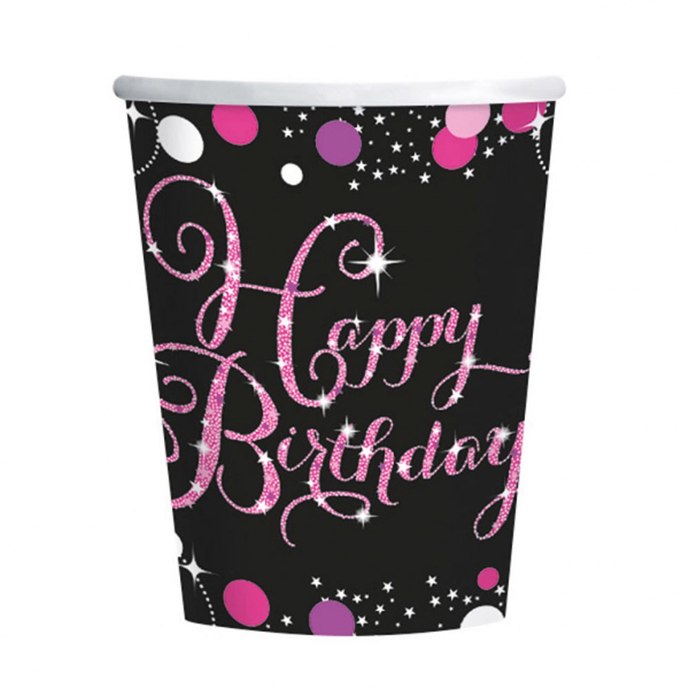 Lyserøde "Happy Birthday" papkrus - 8 stk. til fest