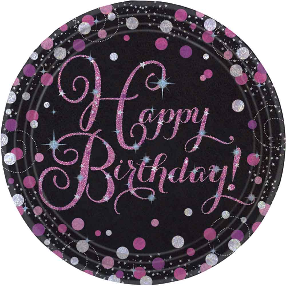 Lyserøde Happy Birthday Paptallerkner – 8 stk til Festen