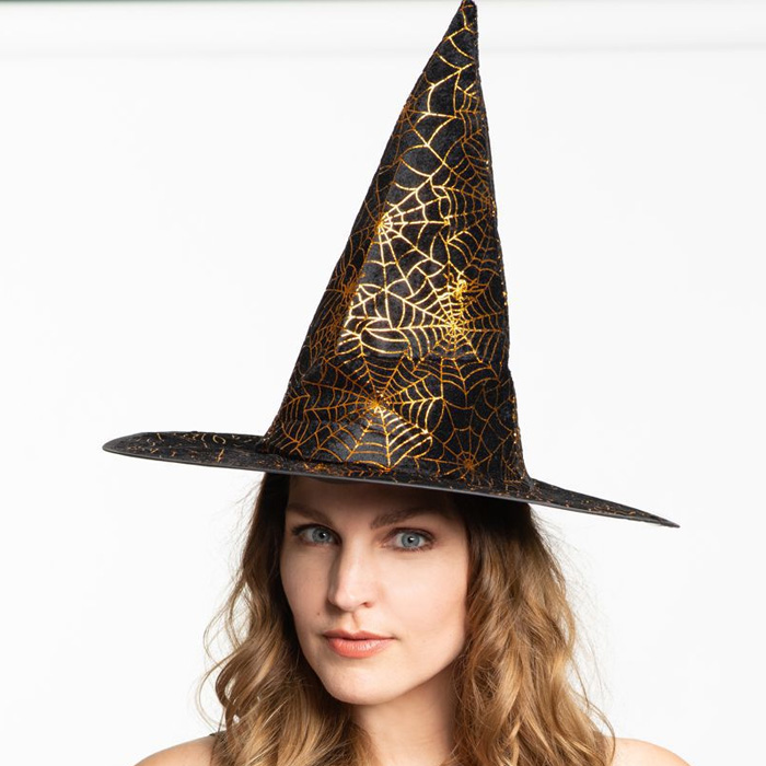 Heksehat med Guld Spindelvæv til Halloween Fest!