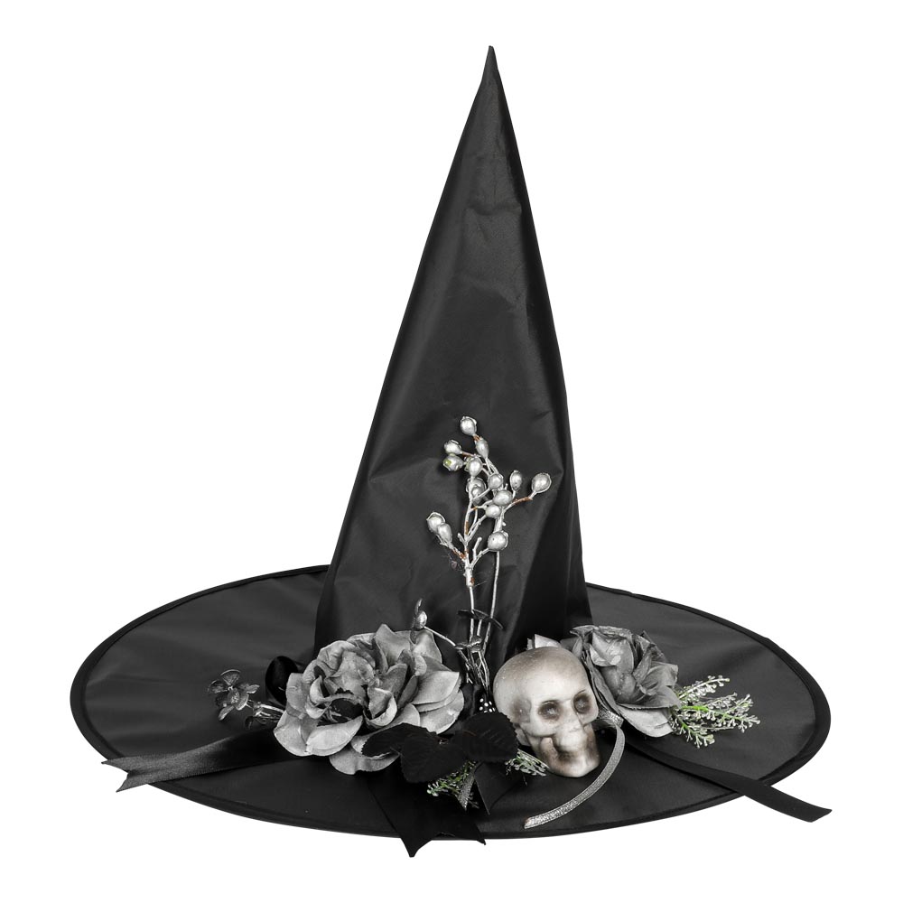 Sort Heksehat med Kranie og Sølvpynt til Halloween Fest