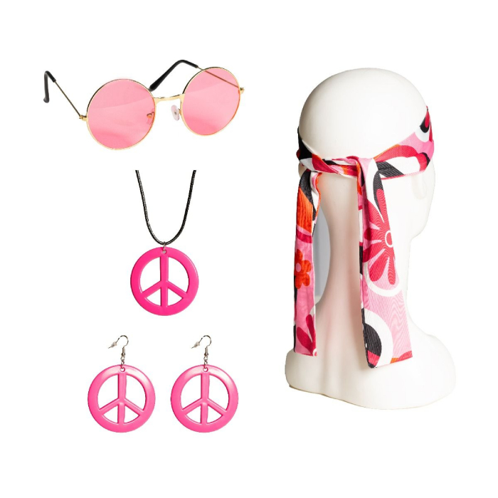 Hippie Peace Pink Sæt med Pandebånd, Briller og Øreringe