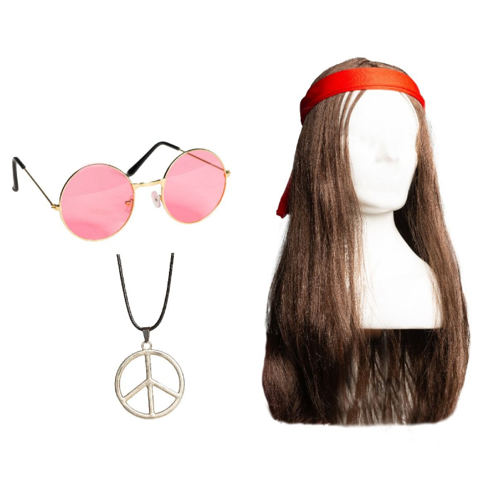 Hippie Kostume med Briller, Paryk og Halskæde til Mænd