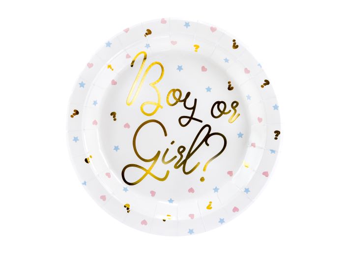 Hvide Pap Tallerkner til Gender Reveal med Guldskrift