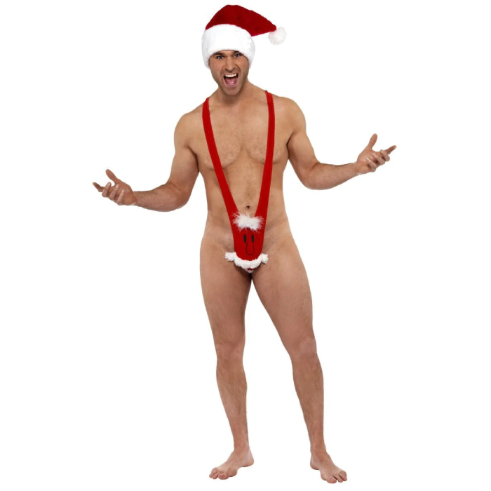 Julemands Mankini Kostume i Rød - Festligt Tilbud!