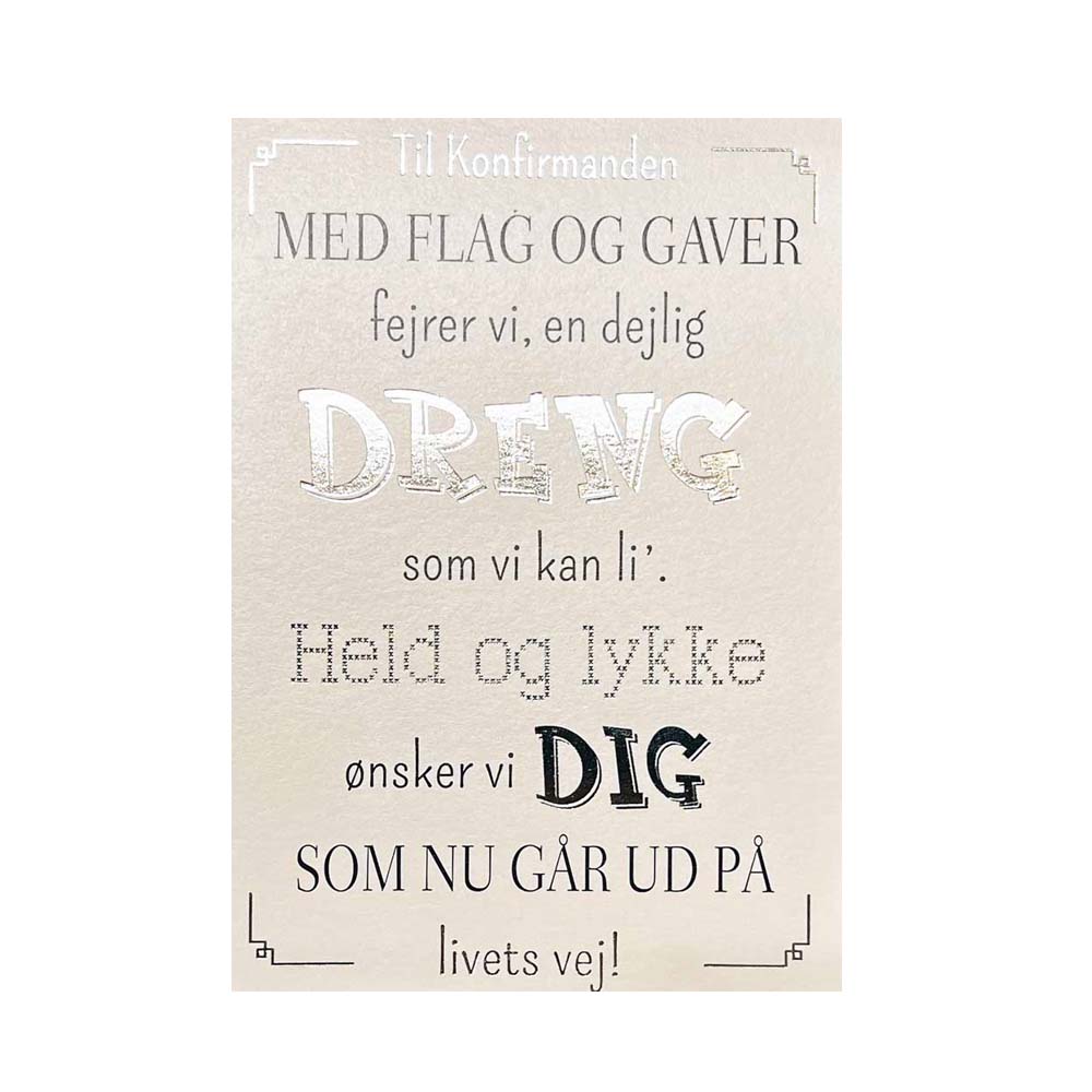 Elegant konfirmationskort til dreng med sølvtekst