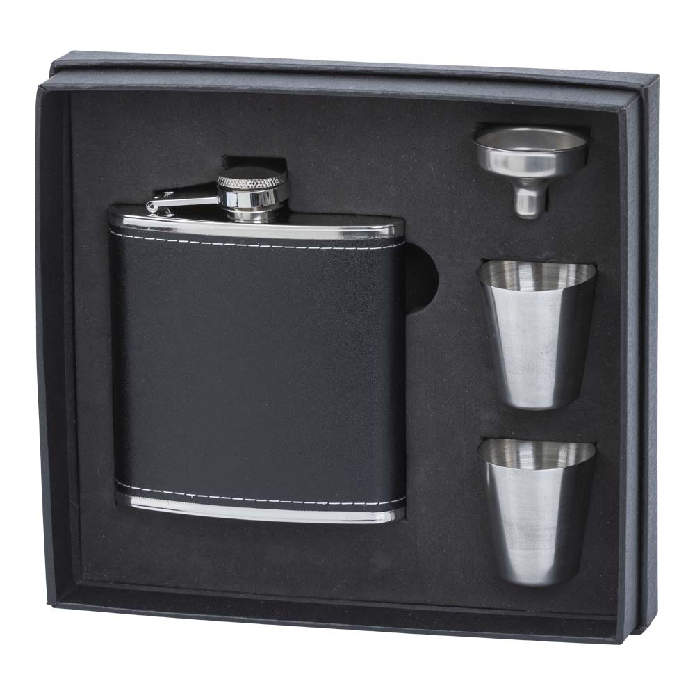 Elegant Gavesæt med Lommelærke og Stålglas - Sølv & Sort