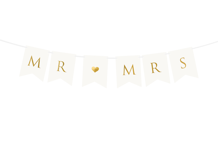 Mr & Mrs Guirlande i Hvid og Guld - 85 cm til Bryllup