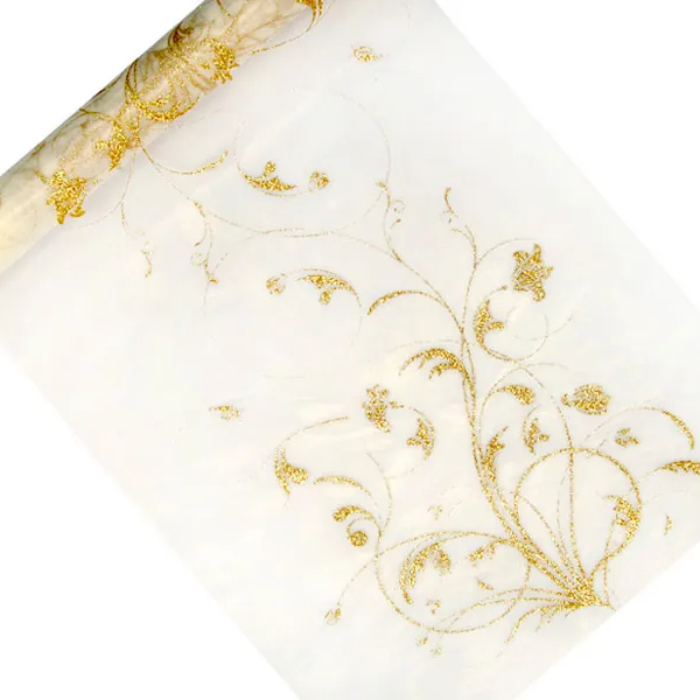 Organza Bordløber Cremefarvet Med Guldmønster   36x9