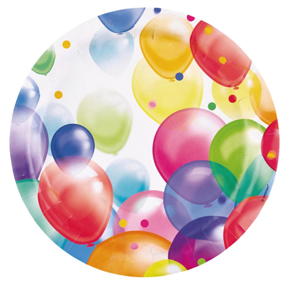 Farverige paptallerkner med balloner – 8 stk. til fest!