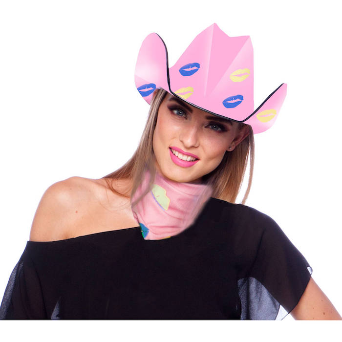 Lyserød Cowboyhat med Kys Motiver - Festtilbehør