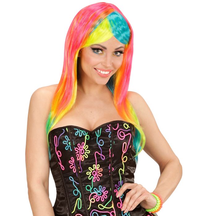 Regnbue Farvet Neon Paryk Med Pandehår
