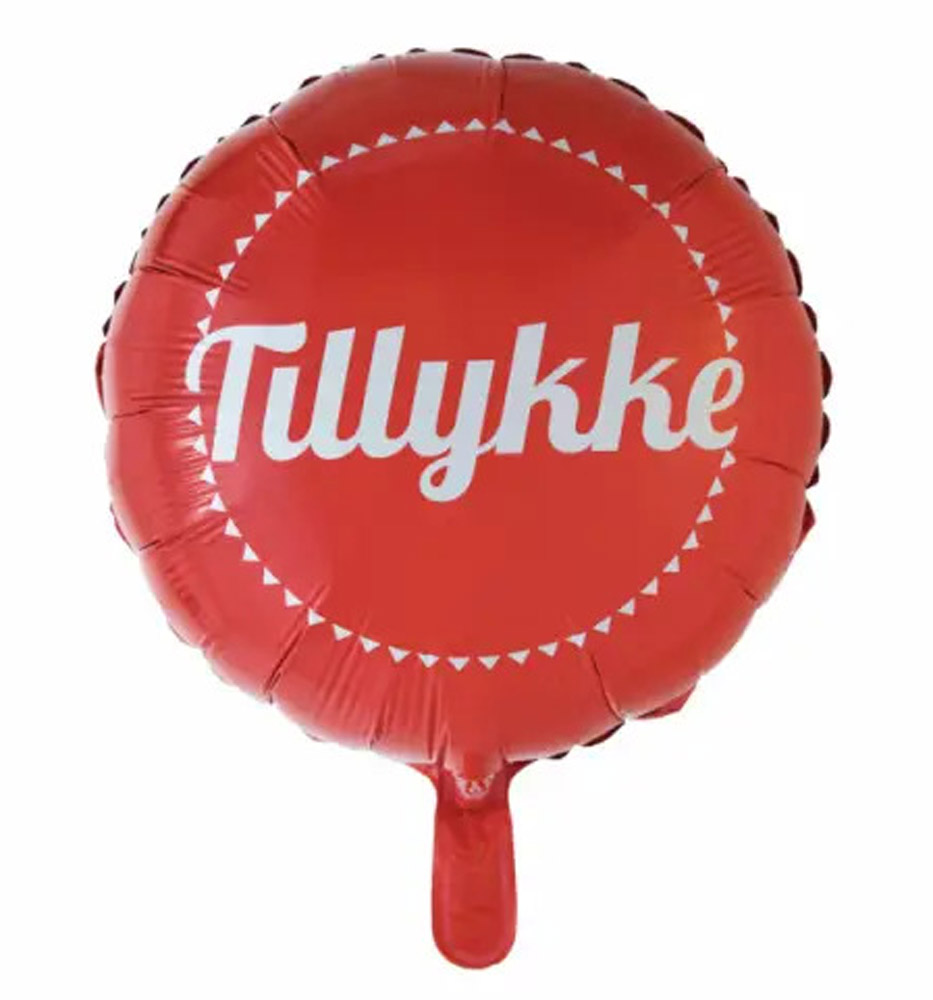 Rød Heliumballon med "TILLYKKE" til Festlige Fejringer