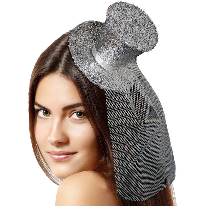 Sølv Glitter Mini Top Hat med Slør til Festligheder
