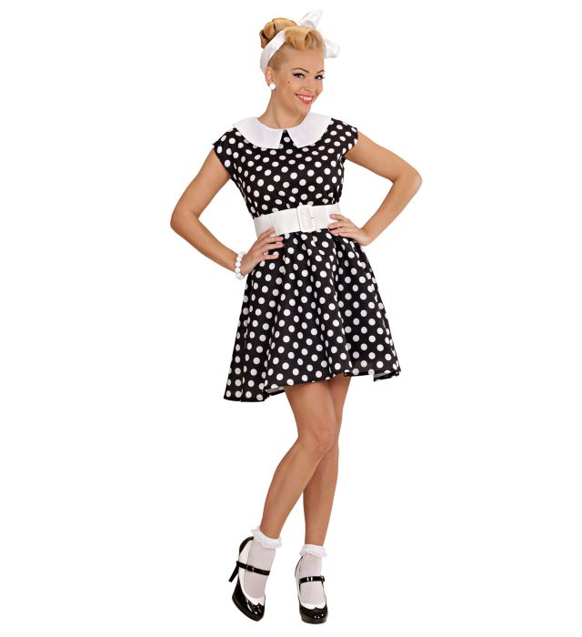 Sort 50'er Kjole Kostume med Hvide Prikker - Temafest!
