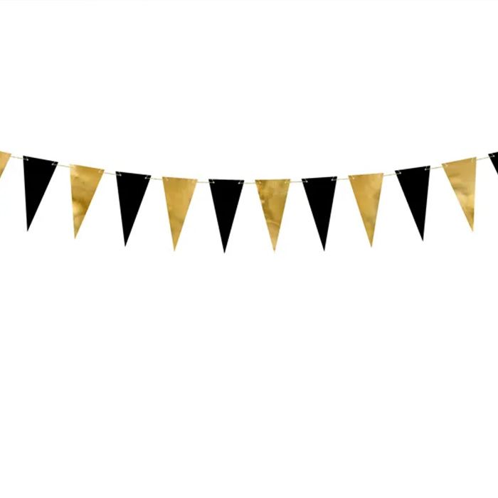 Sort og Guld Guirlande med Flag - 15 Meter til Festen