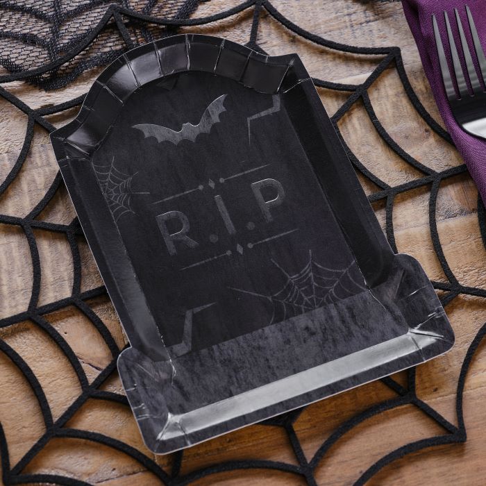 Sort Halloween Gravsten Pap Tallerkener - 8 stk.