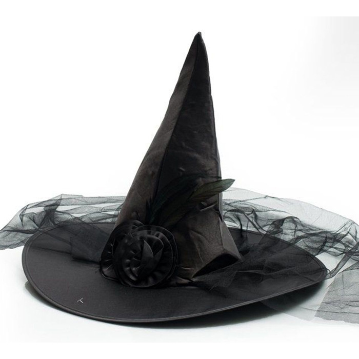 Sort Heksehat med Slør og Blomster til Halloween Fest