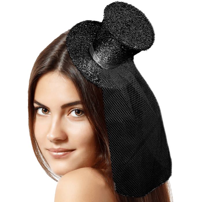 Sort Mini Glitter Hat med Slør - Perfekt til Fest!