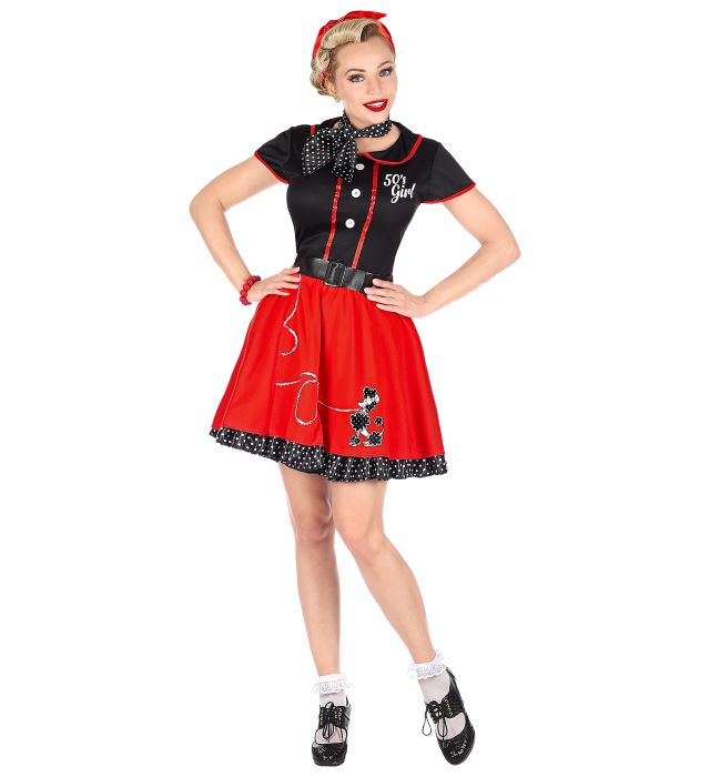 Sort og Rød 50'er Kostume med Puddelmotiv – 4 Dele