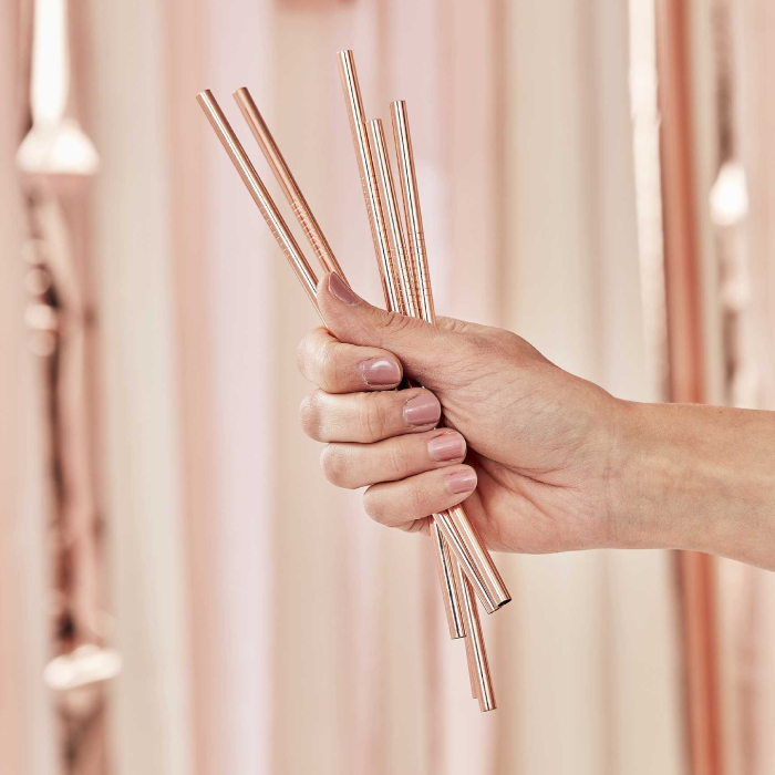 Rose Gold Stålsugerør med Børste - Uundgåelig til Fest!