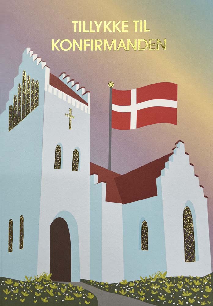 Elegant Konfirmations Telegram med Kirke og Dannebrog