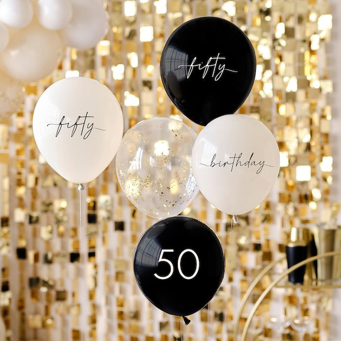 50 års Fødselsdagsballonbuket i Sort, Creme og Hvid