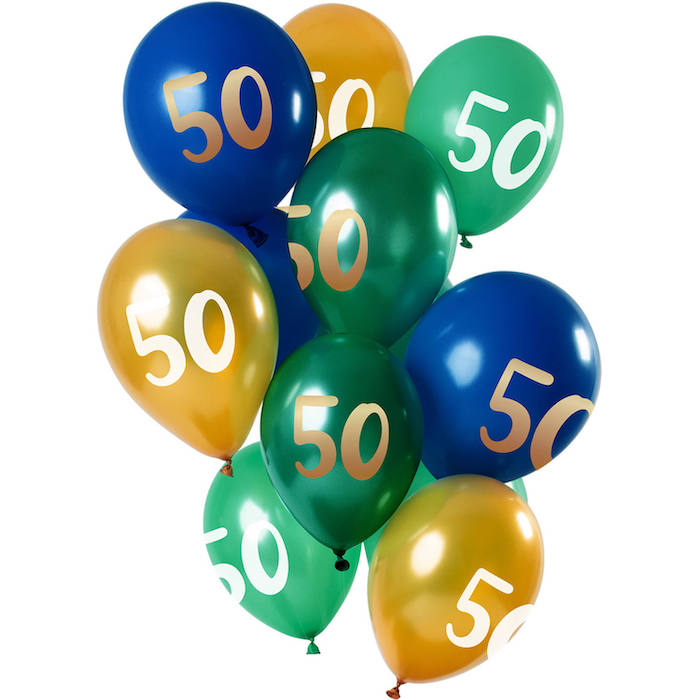 50 års Fødselsdagsballoner i Grøn, Blå og Guld - 12 stk.