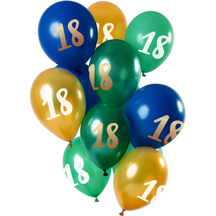 18 Års Fødselsdagsballoner Grøn, Blå & Guld - 12 stk.