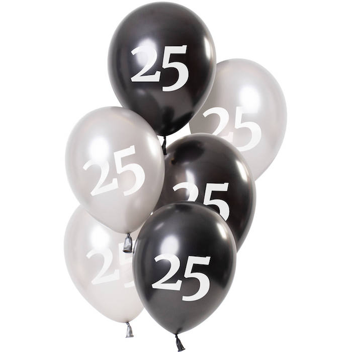 25 års Balloner Metallic Sort   Sølv 6x 23