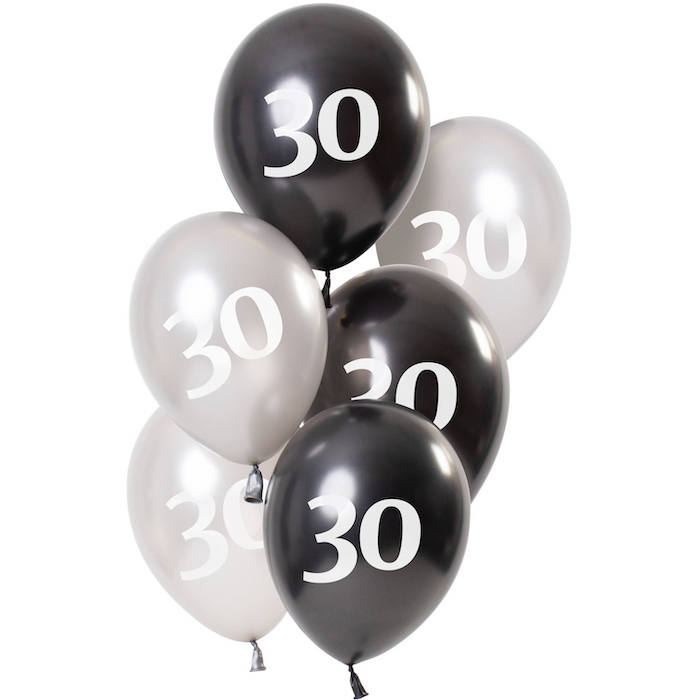 30 års Fødselsdagsballoner i Metallic Sort og Sølv
