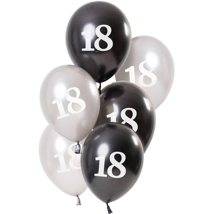 18-års Metallic Balloner i Sort og Sølv - 6 stk. Festpynt
