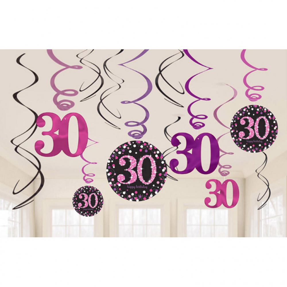 30-års Fødselsdag Spiraldekorationer – 12 Pink Pynt