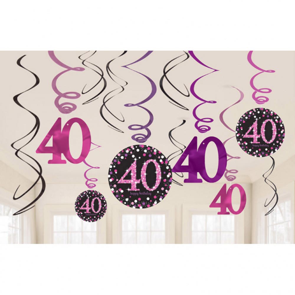 40 Års Fødselsdag Dekorationer - 12 Stk Pink Spiraler