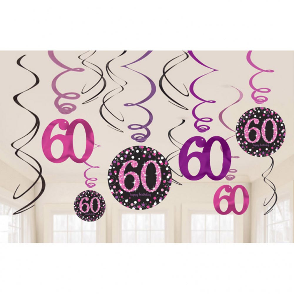 60-års Fødselsdag Dekorationer – 12 Pink Hænge Stykker